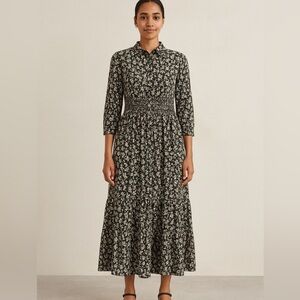 Fame on Central Bella Floral Print Smocked Maxi Shirt Dress 3/4 sleeves size 40